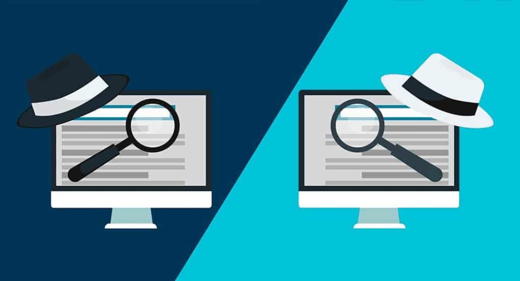 Ilustração do conceito de Black Hat SEO x White Hat SEO. A tela é dividida ao meio para indicar a diferença entre os conceitos, os quais são representados em ambos os lados por notebooks, lupas e chapéus.