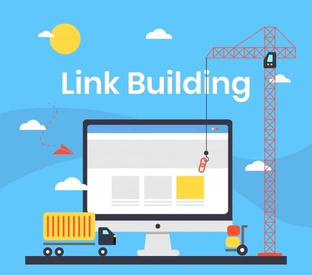 O termo "Link Building" é ilustrado a partir da tela de um computador no centro da imagem, rodeado de elementos como caminhão, andaime, nuvens, etc.