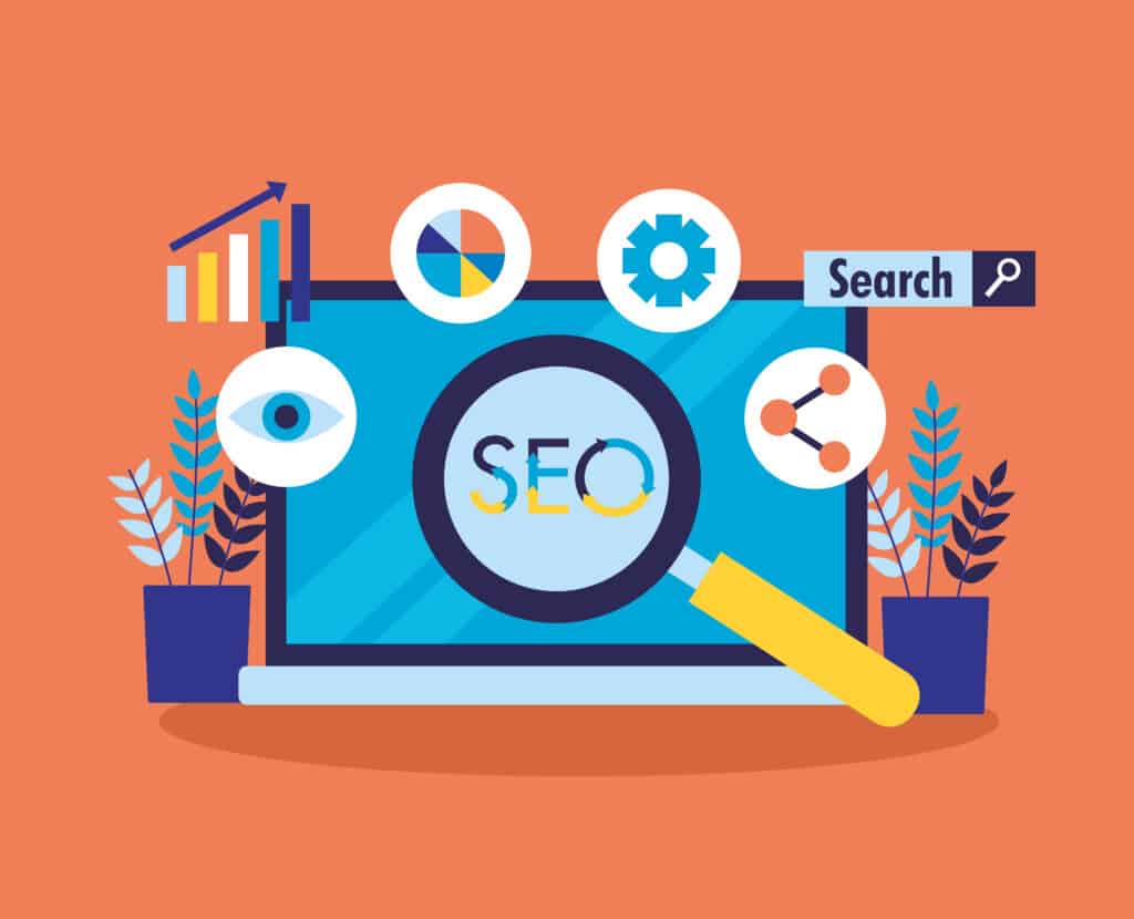 Ilustração da Search Engine Optimization, composta por engrenagem, lupa, gráficos coloridos, barra de pesquisa e um computador no fundo.