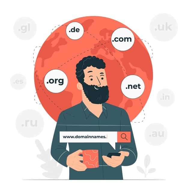 Ilustração de um homem segurando uma caneca e um smartphone, o qual possui uma barra de pesquisa saindo dele mesmo com o termo "www.domainnames.". Atrás do rapaz existem ícones com as extensões ".com", ".org", ".net", etc.