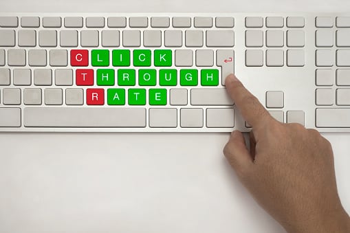 Imagem de uma mão sob a tecla "enter" de um teclado branco, o qual possui o termo "Click Through Rate" destacado nas cores vermelho e verde.