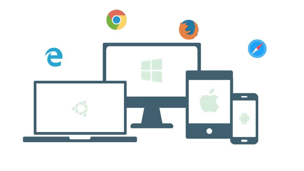 Ilustração de dispositivos eletrônicos de diferentes softwares e ícones de mecanismos de pesquisa sob os mesmos.