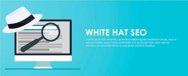 Ilustração do conceito de White Hat SEO, composto por um notebook com um chapéu e uma lupa na página aberta no mesmo.