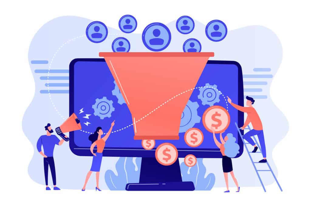 Um funil coral está posicionado no centro da ilustração e a frente de um monitor. O elemento central é rodeado por engrenagens, "avatares", ícones que representam usuários e moedas, entre outros.