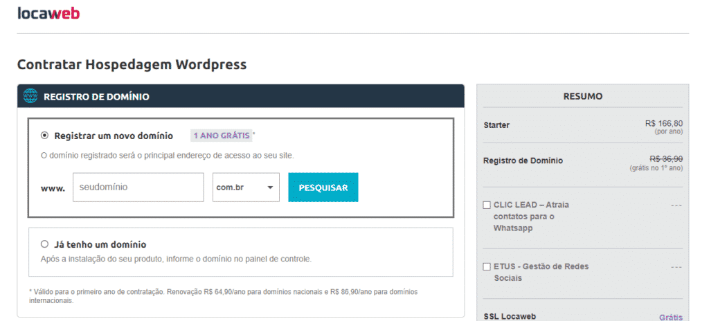 print da aba de contratação de hospedagem e registro de domínio. Para mais informações consulte o site da locaweb.